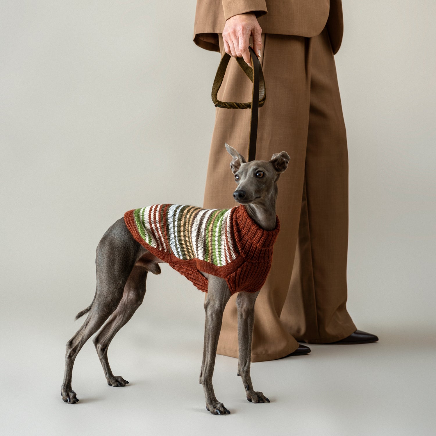 Hundepullover Rusty Striped aus Alpakawolle – handgefertigt, rostfarben mit Streifen