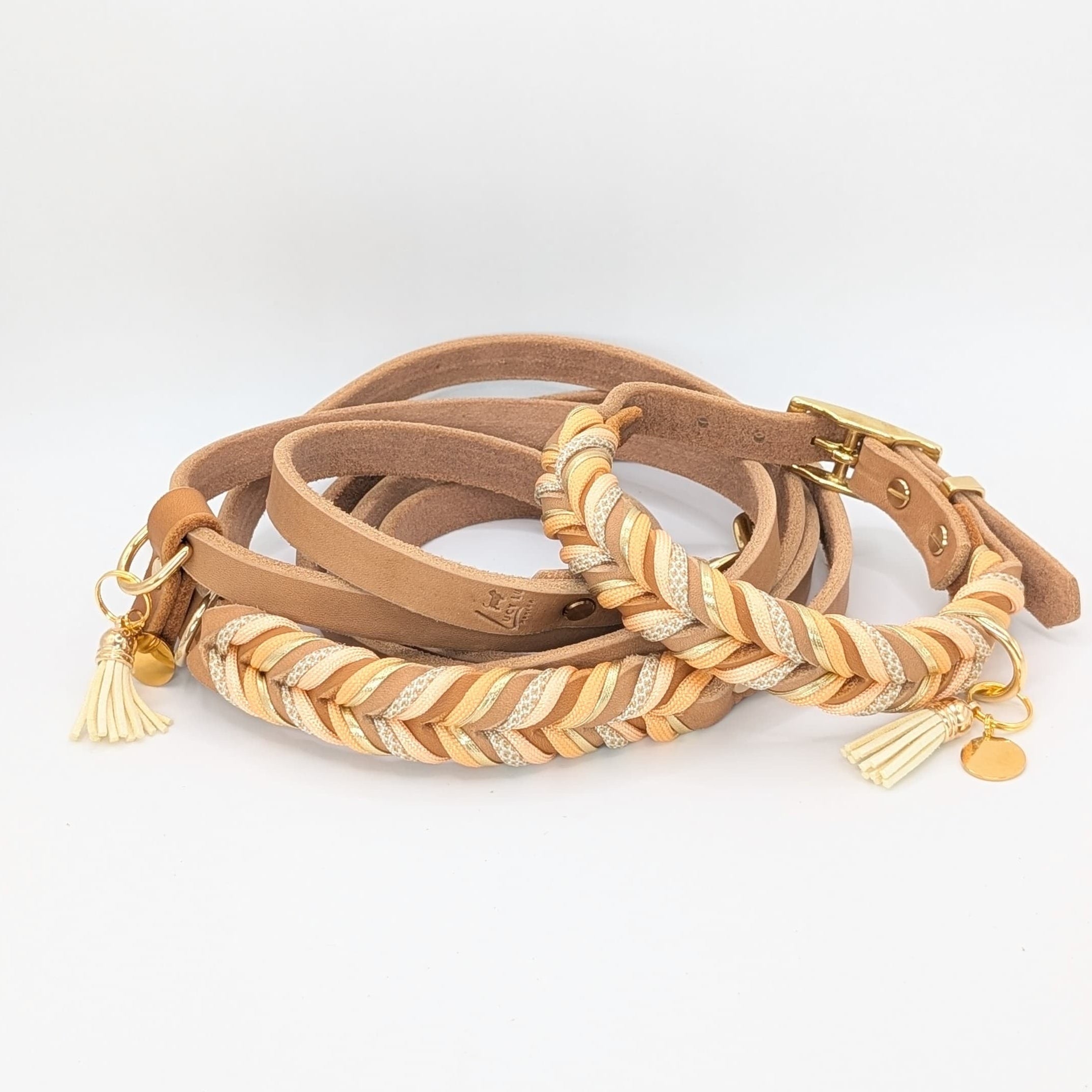 Leder Set Peanut – ruhiges, natürliches Design - Leine und Halsband
