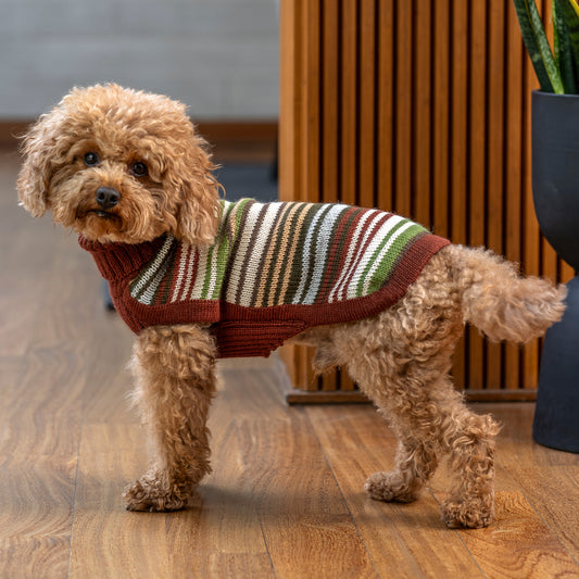 Hundepullover Rusty Striped aus Alpakawolle – handgefertigt, rostfarben mit Streifen