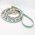 Bild in Galerie-Betrachter laden, Calma Sea Glass Hundeleine aus geflochtenem Paracord in Salbeigrün und Taupe mit optionalem Kurzführer aus BioThane® oder Leder.
