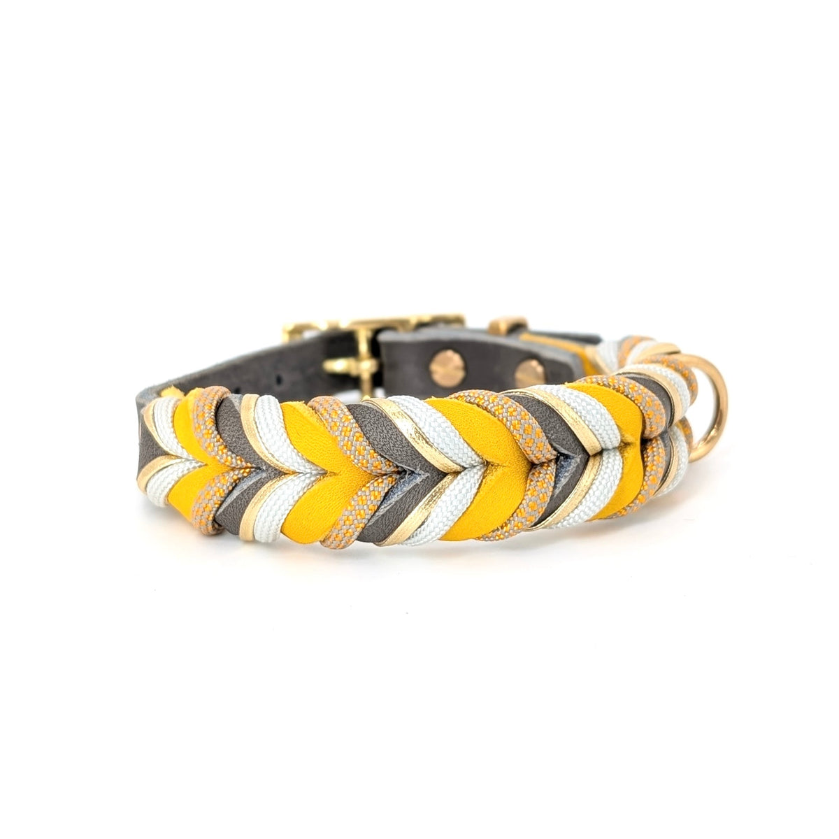 Leder Hundehalsband Golden Mist in Grau und warmen Gelbtönen – handgemacht von LucyLu Design®
