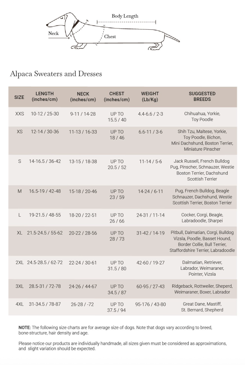 Größentabelle Alpakapullis, Hundepullover