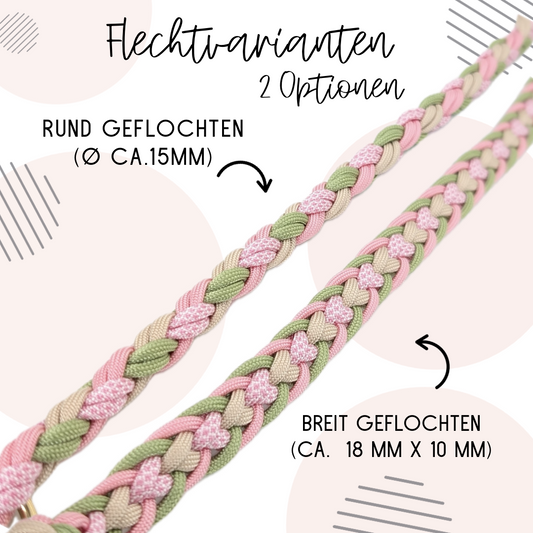Calma Bloom Hundeleine aus geflochtenem Paracord in frischer Farbkombination mit optionalem Kurzführer aus BioThane® oder Leder.