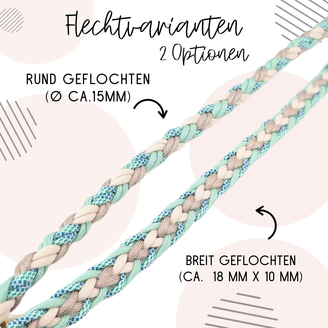 Calma Sea Glass Hundeleine aus geflochtenem Paracord in Salbeigrün und Taupe mit optionalem Kurzführer aus BioThane® oder Leder.