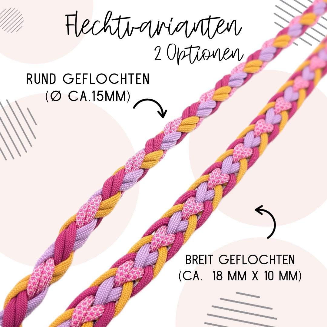 Calma Sundown Hundeleine aus geflochtenem Paracord in Pink, Flieder und warmem Goldton mit optionalem Leder-Kurzführer.