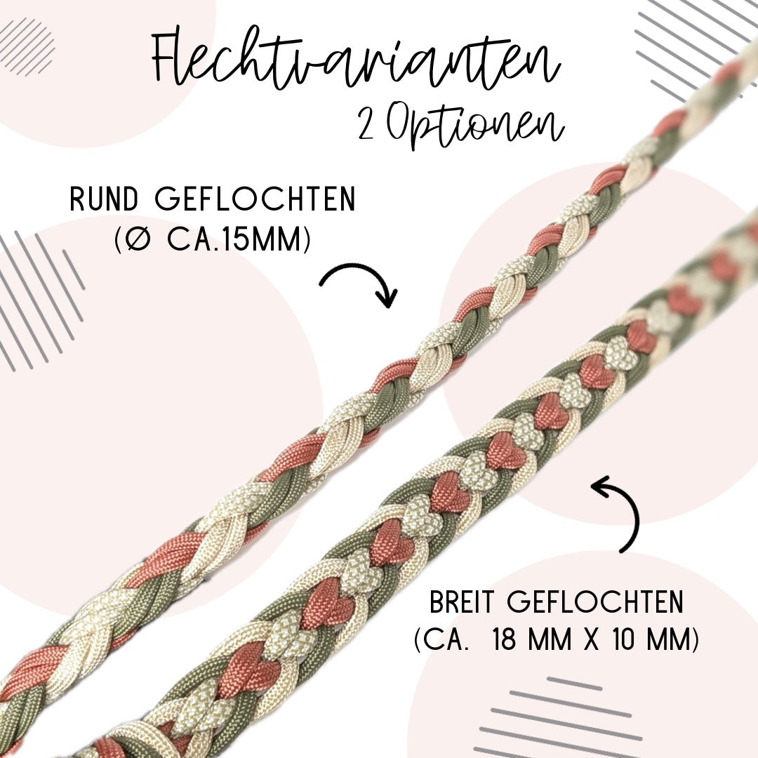 Calma Rust Hundeleine aus geflochtenem Paracord in Rost, Beige und Grün mit optionalem Kurzführer aus BioThane® oder Leder.