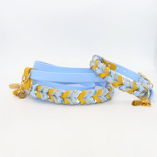 Blossom Ice – BioThane® Set aus Halsband & Leine in Blau-Gelb mit Blütenschnur & Paracord, handgefertigt