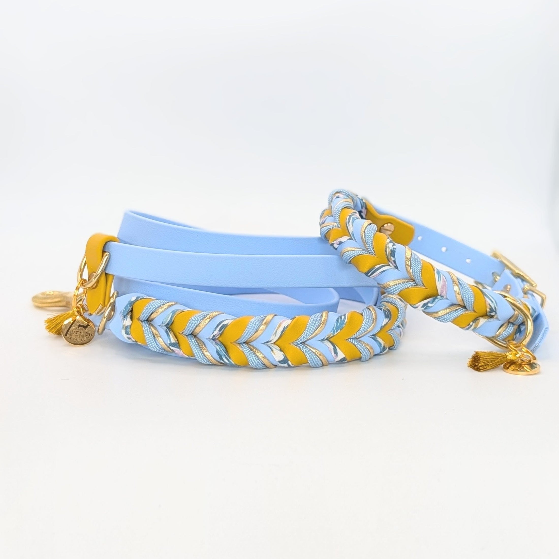 Blossom Ice – BioThane® Set in Blau-Gelb mit Blütenschnur & Paracord, handgefertigt