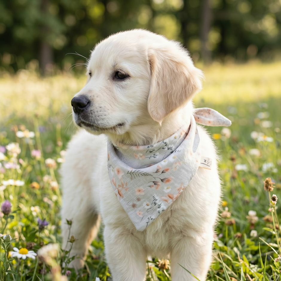 Musselin-Bandana Sage Bloom mit feinem Blumenprint auf salbeigrünem Hintergrund von LucyLu Design®