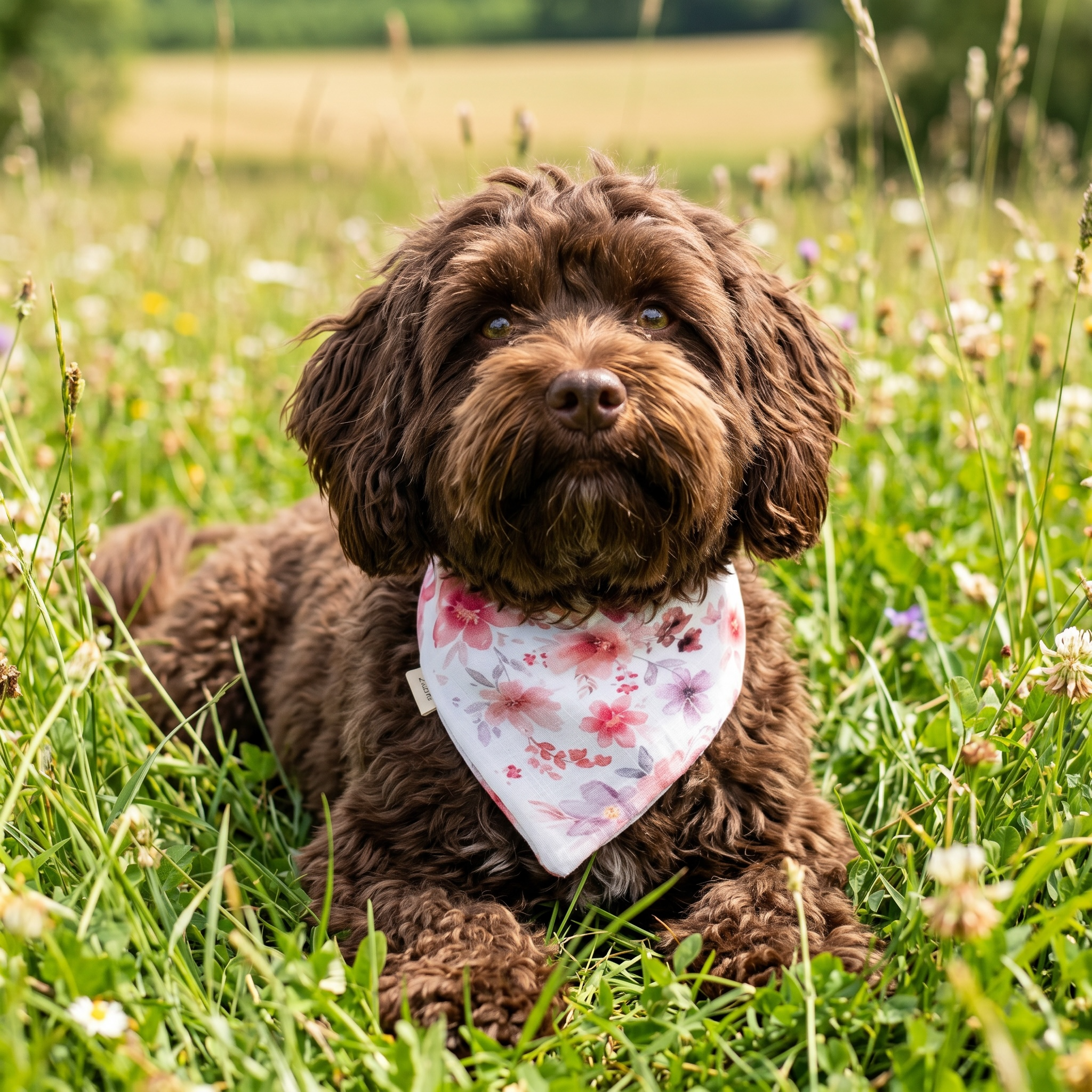 Musselin-Bandana Blossom Rose mit großen Blüten in Rosé und Apricot auf hellem Hintergrund von LucyLu Design®