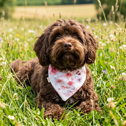 Musselin-Bandana Blossom Rose mit großen Blüten in Rosé und Apricot auf hellem Hintergrund von LucyLu Design®