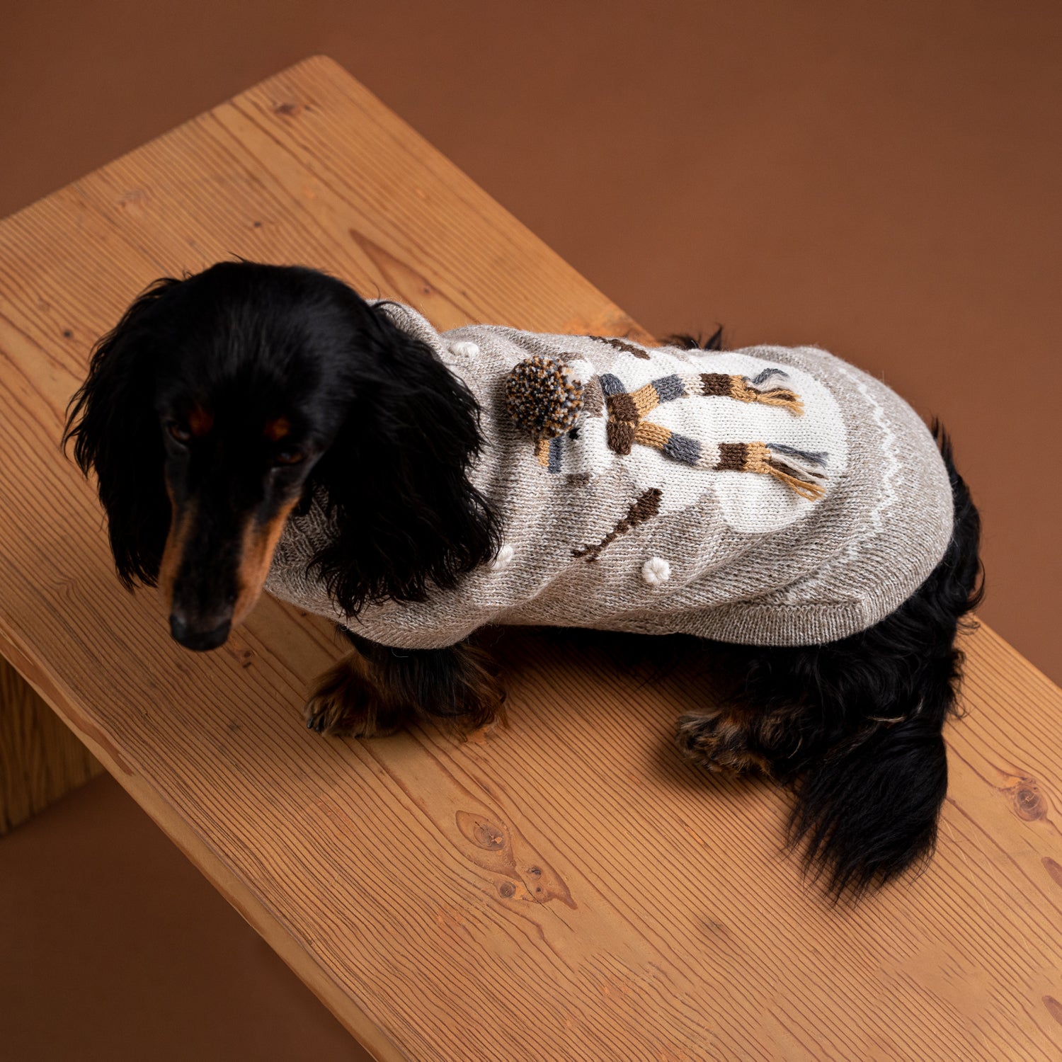 Hundepullover Snowman Taupe aus Alpakawolle – handgefertigt in Taupe mit Schneemann-Motiv