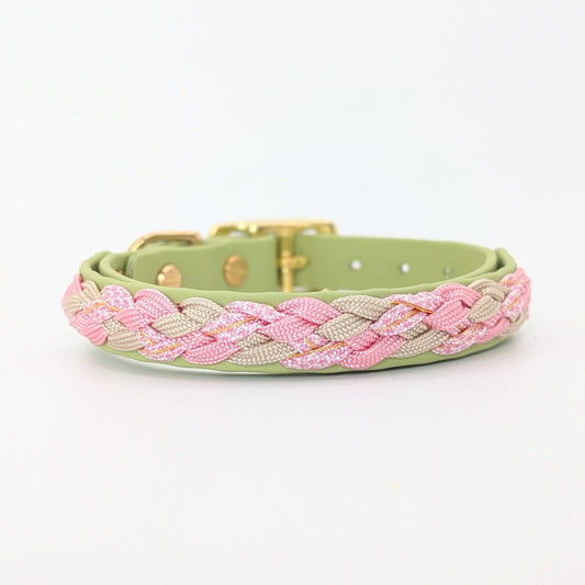 Calma Bloom Hundehalsband aus geflochtenem Paracord in frischer Farbkombination, handgemacht und passend zur Calma Leine Bloom.