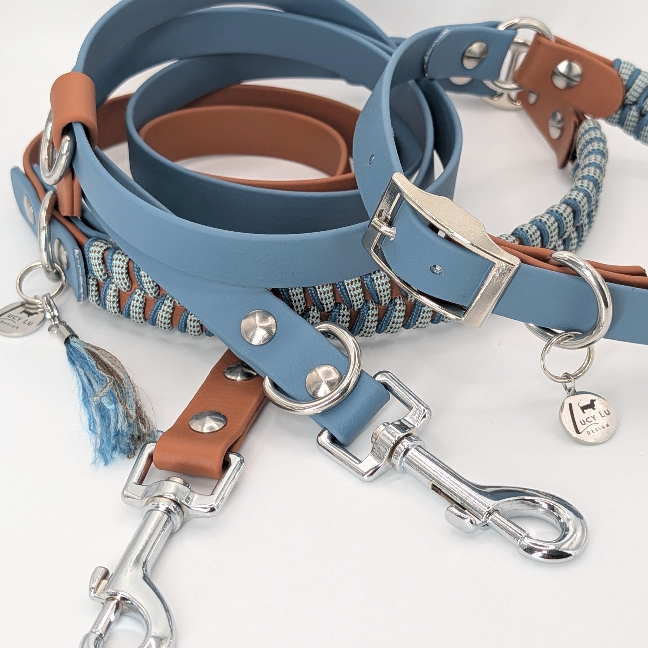 Hundeleine, hangemacht, Leine, BioThane, Hunde, LucyLuDesign, Set Petrol