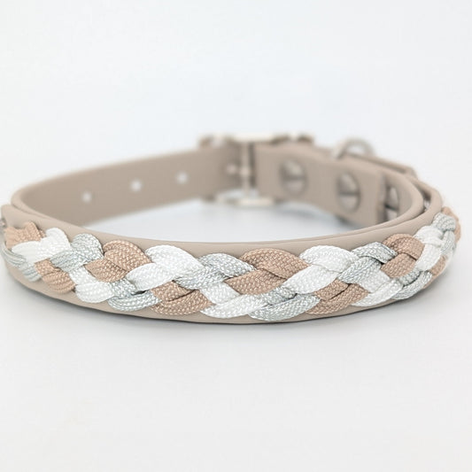 Calma Alva Hundehalsband aus geflochtenem Paracord in der Alva-Farbkombination, handgemacht und passend zur Calma Leine Alva.