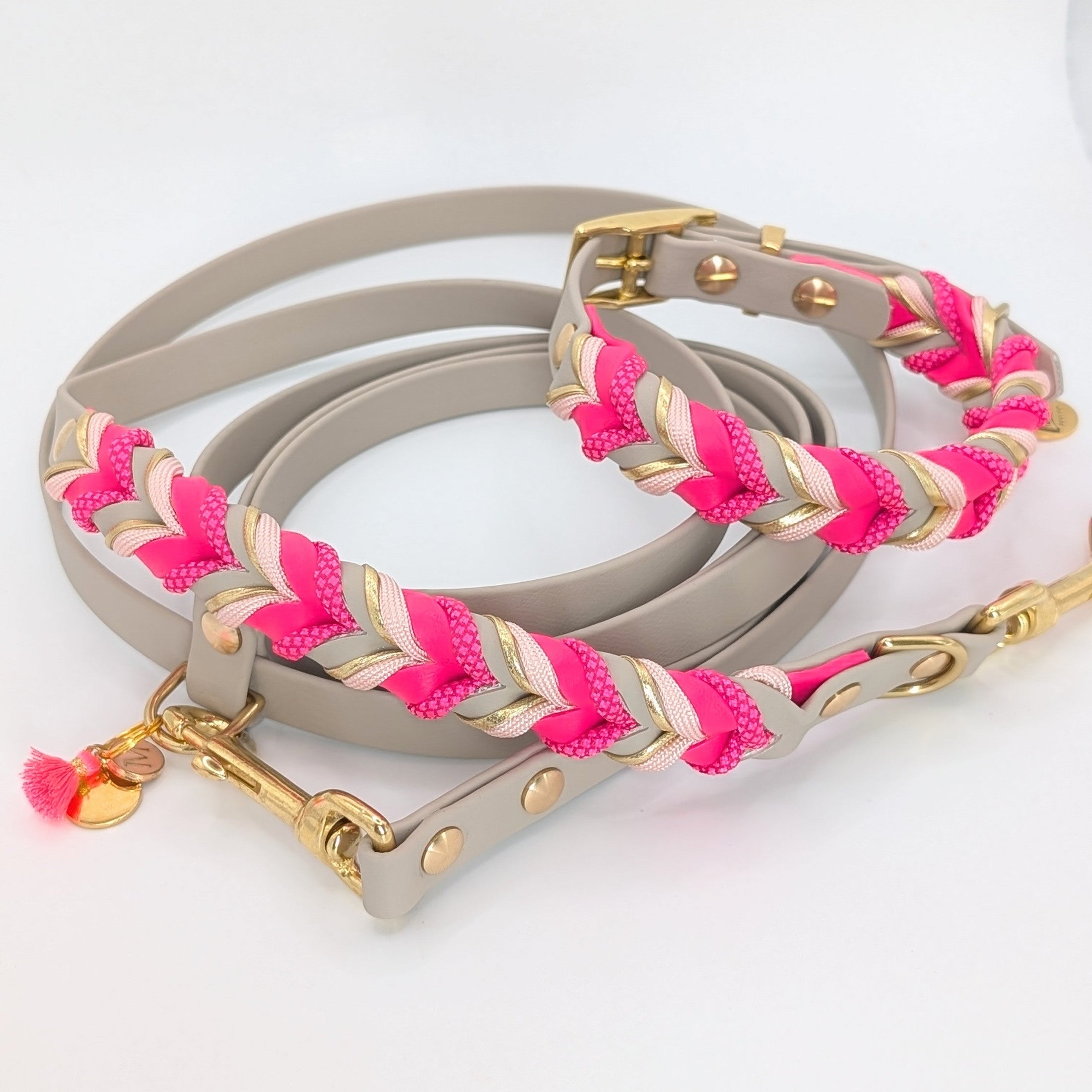 BioThane Set Mila – Taupe & Pink Diamonds, Halsband & Leine