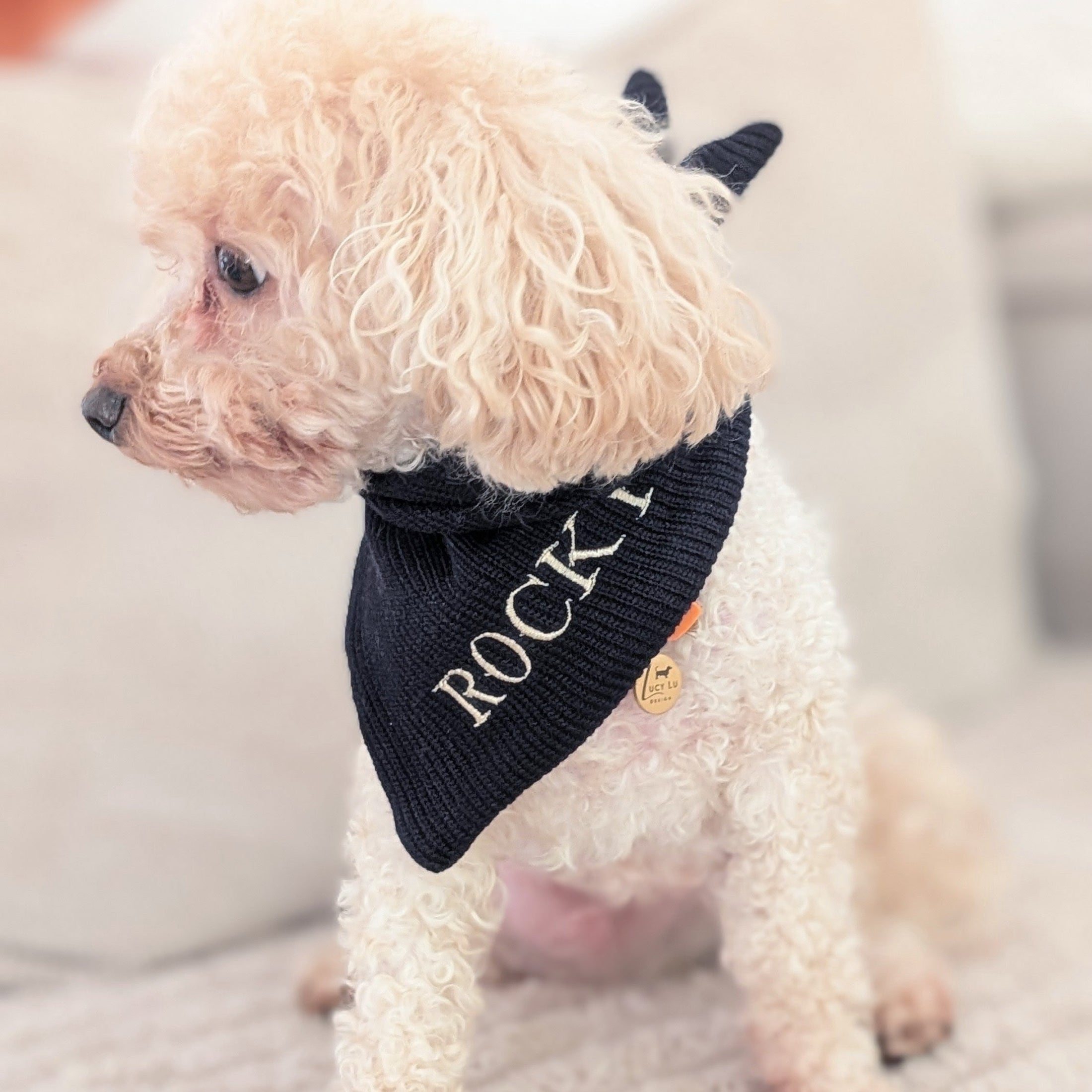 Strick-Bandana Midnight – handgefertigtes Hundebandana aus Wolle, personalisierbar mit Namen