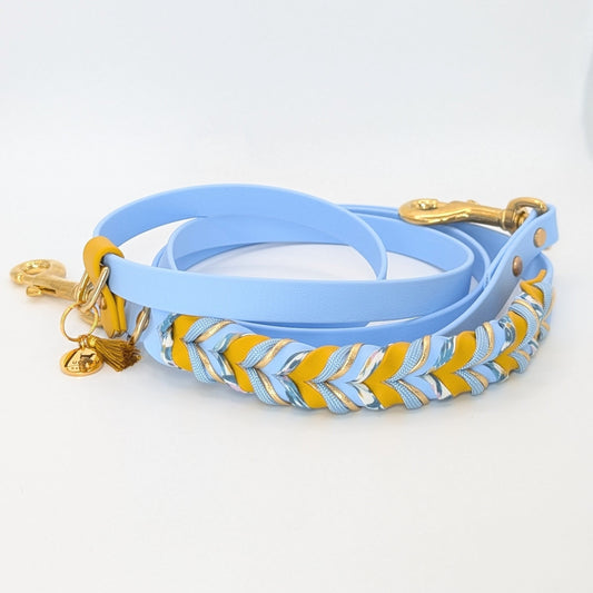 Blossom Ice – BioThane® Hundeleine in Blau-Gelb mit Blütenschnur & Paracord, handgefertigt