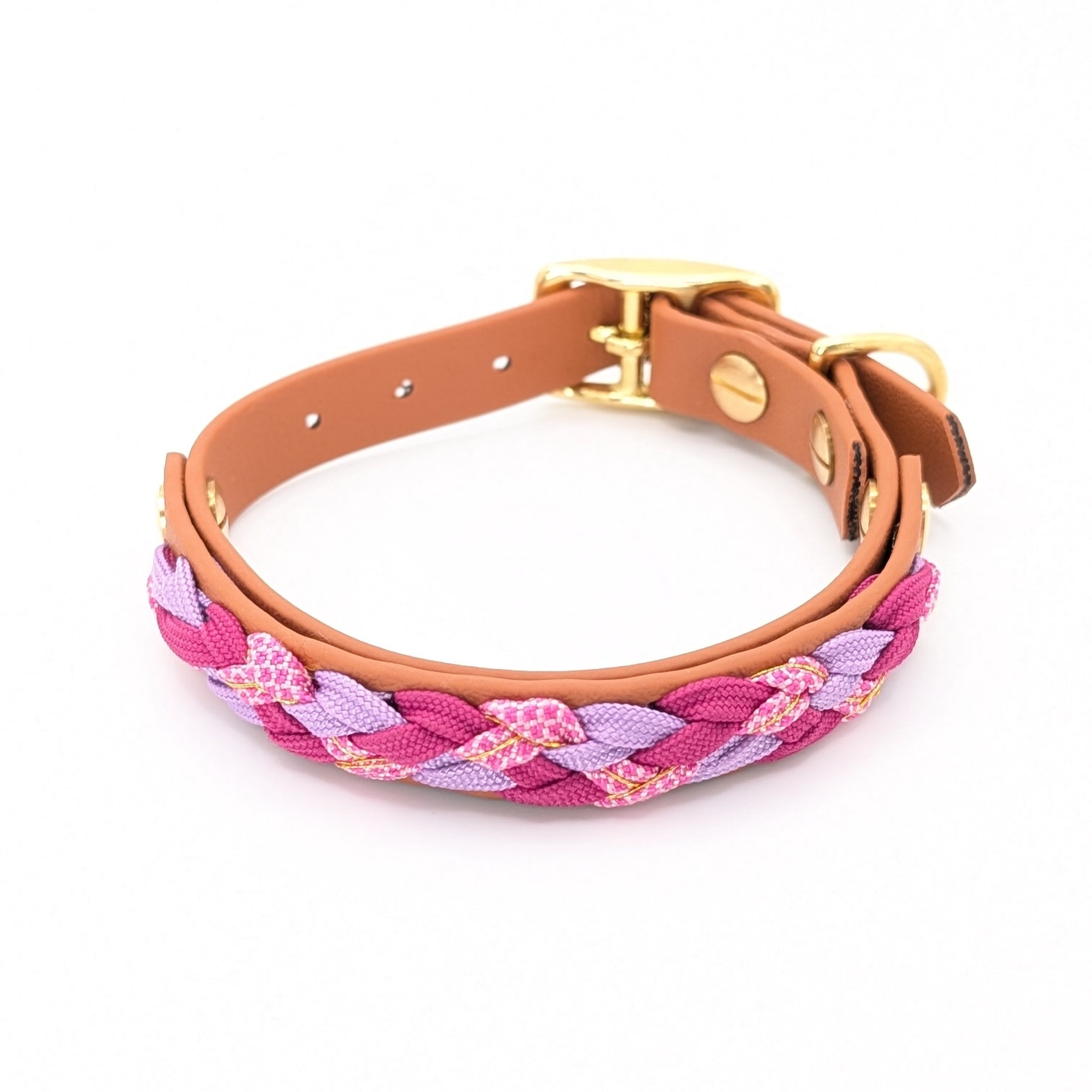 Calma Sundown Hundehalsband aus geflochtenem Paracord in Pink, Flieder und warmem Goldton