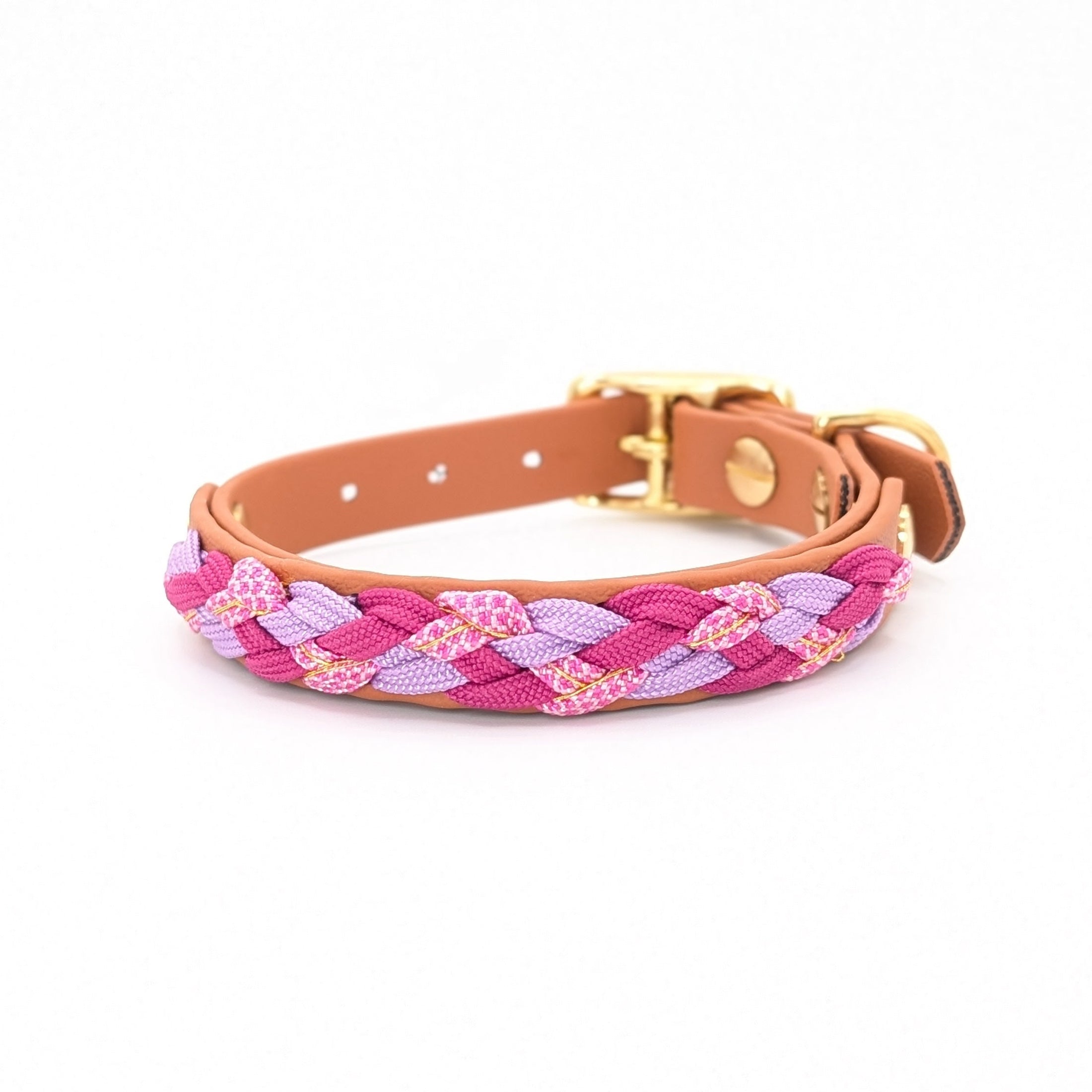 Calma Sundown Hundehalsband aus geflochtenem Paracord in Pink, Flieder und warmem Goldton