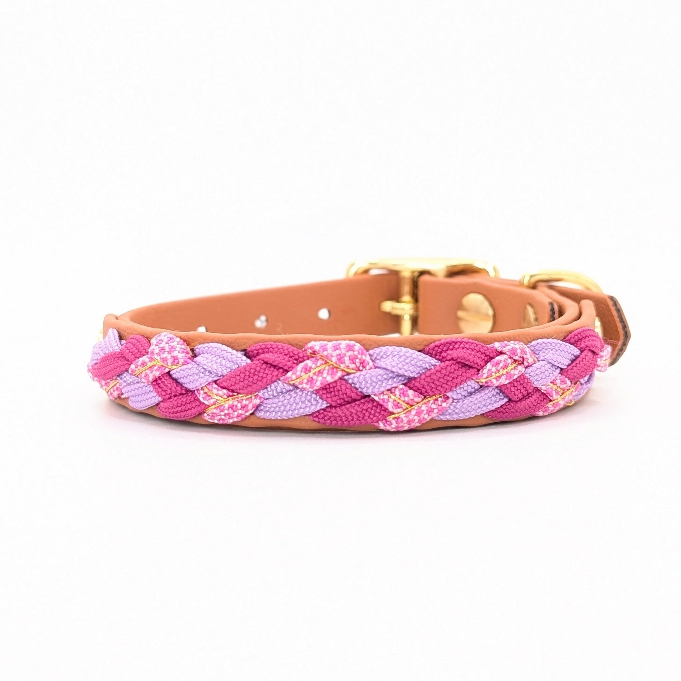 Calma Sundown Hundehalsband aus geflochtenem Paracord in Pink, Flieder und warmem Goldton