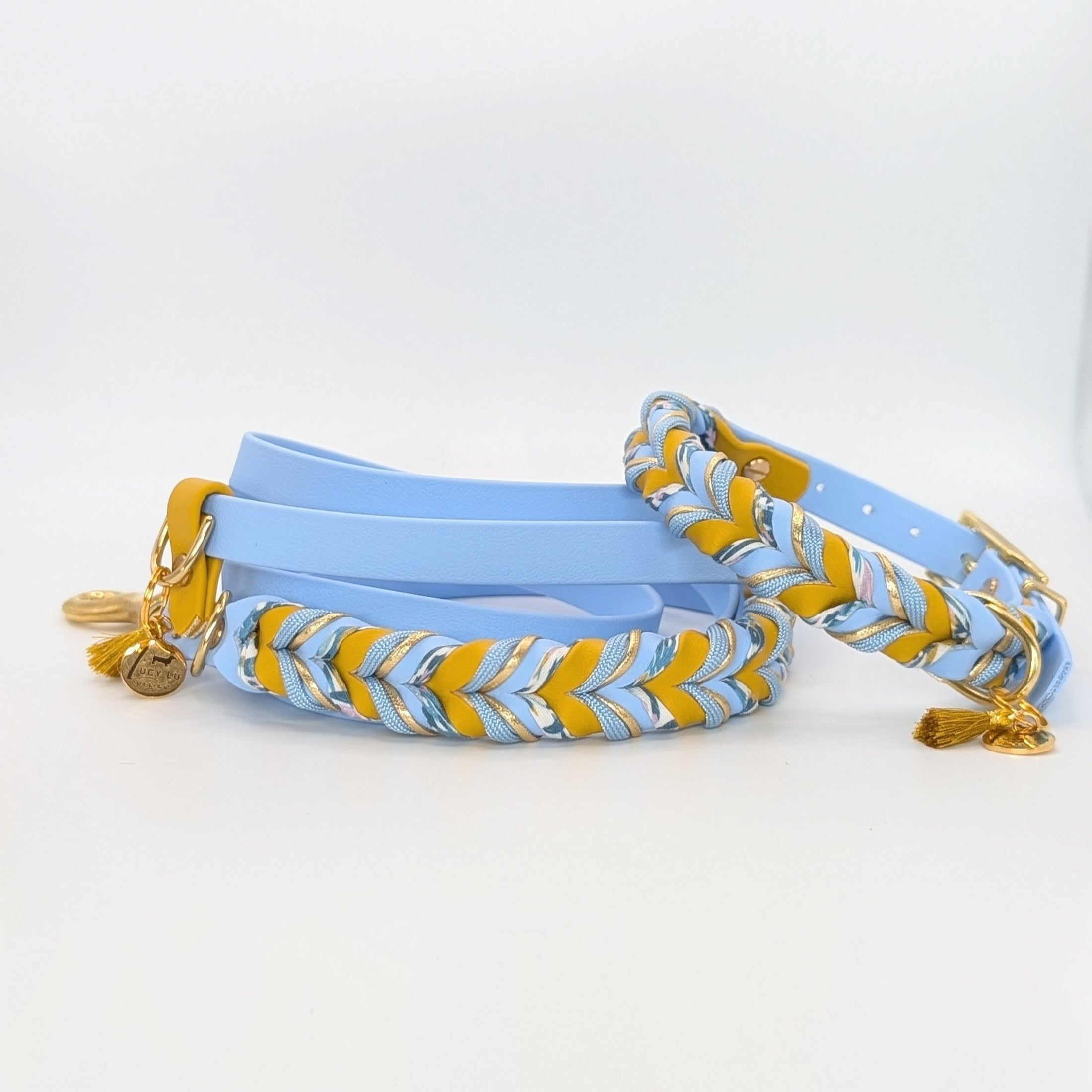 Blossom Ice – BioThane® Hundeleine in Blau-Gelb mit Blütenschnur & Paracord, handgefertigt