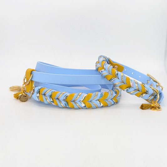 Blossom Ice – BioThane® Set aus Halsband & Leine in Blau-Gelb mit Blütenschnur & Paracord, handgefertigt