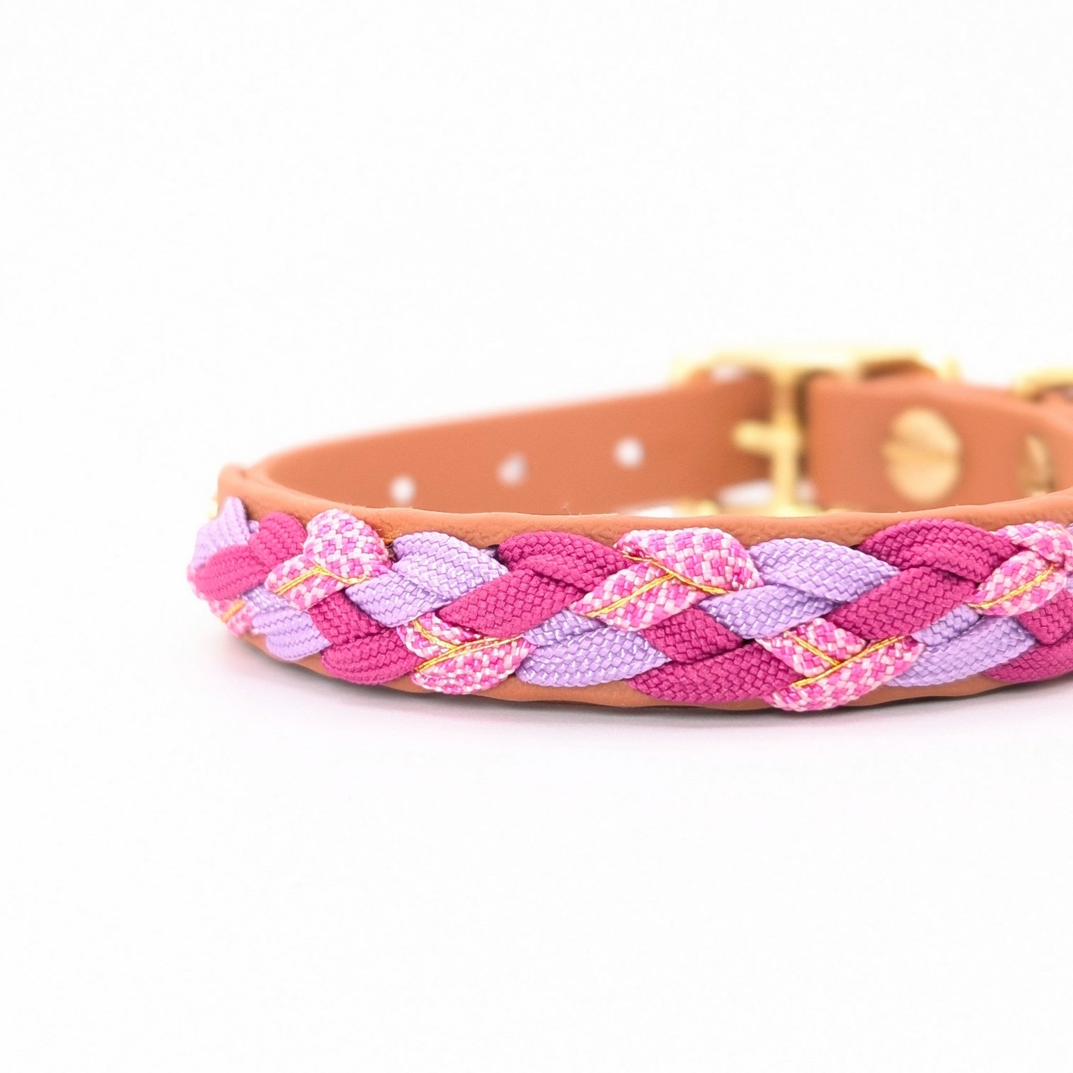 Calma Sundown Hundehalsband aus geflochtenem Paracord in Pink, Flieder und warmem Goldton