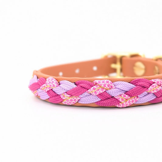 Calma Sundown Hundehalsband aus geflochtenem Paracord in Pink, Flieder und warmem Goldton