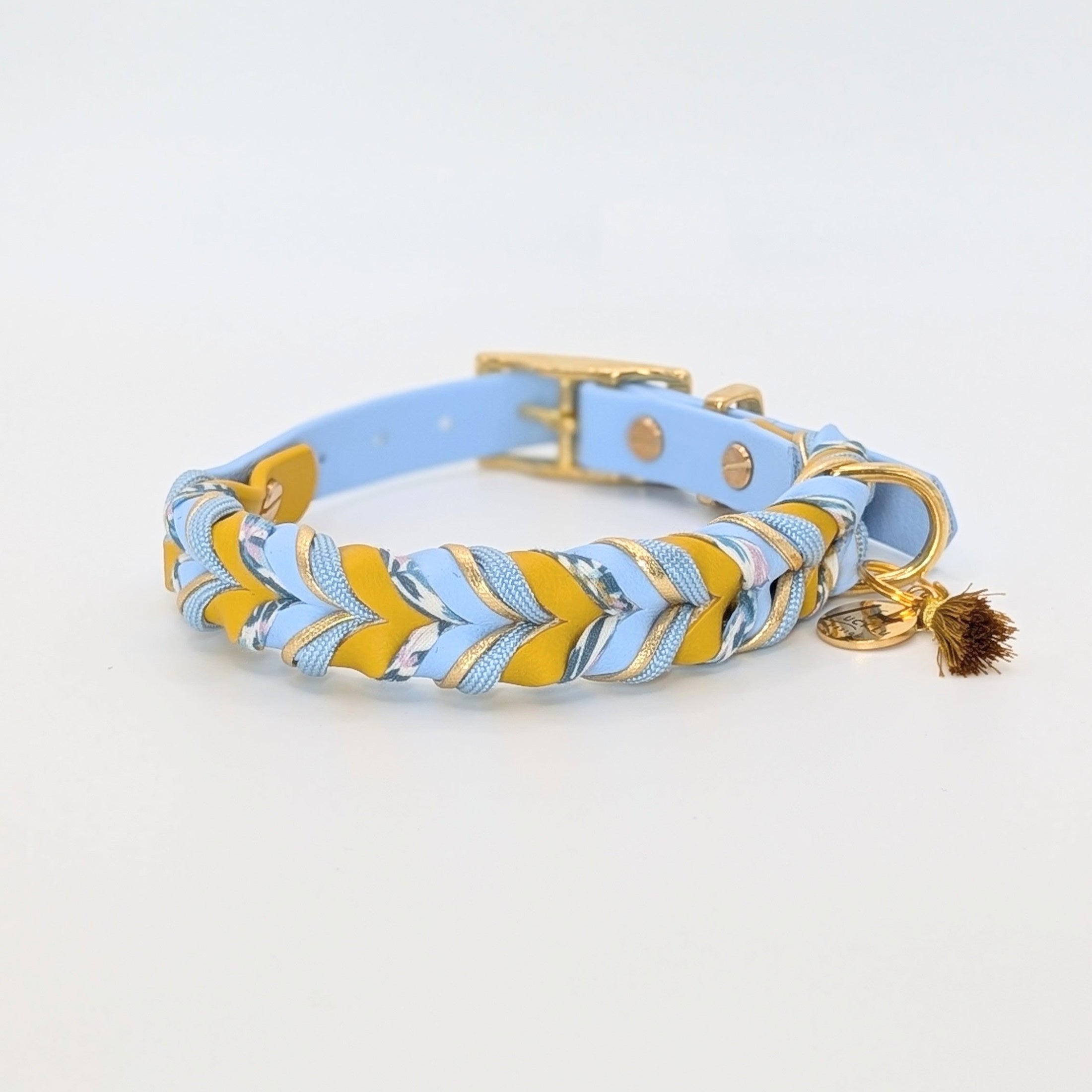 Blossom Ice – BioThane® Set aus Halsband & Leine in Blau-Gelb mit Blütenschnur & Paracord, handgefertigt