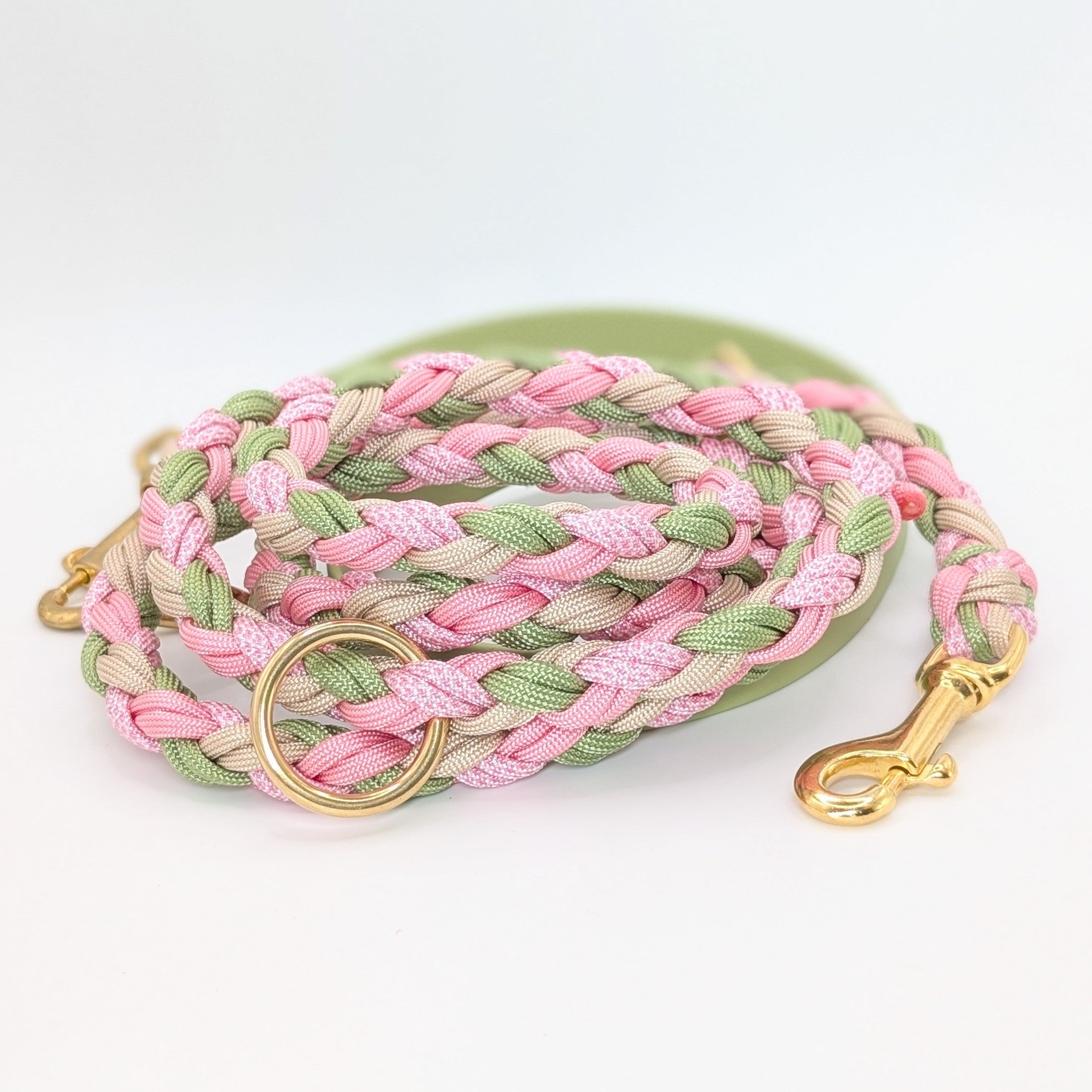 Calma Bloom Hundeleine aus geflochtenem Paracord in frischer Farbkombination mit optionalem Kurzführer aus BioThane® oder Leder.