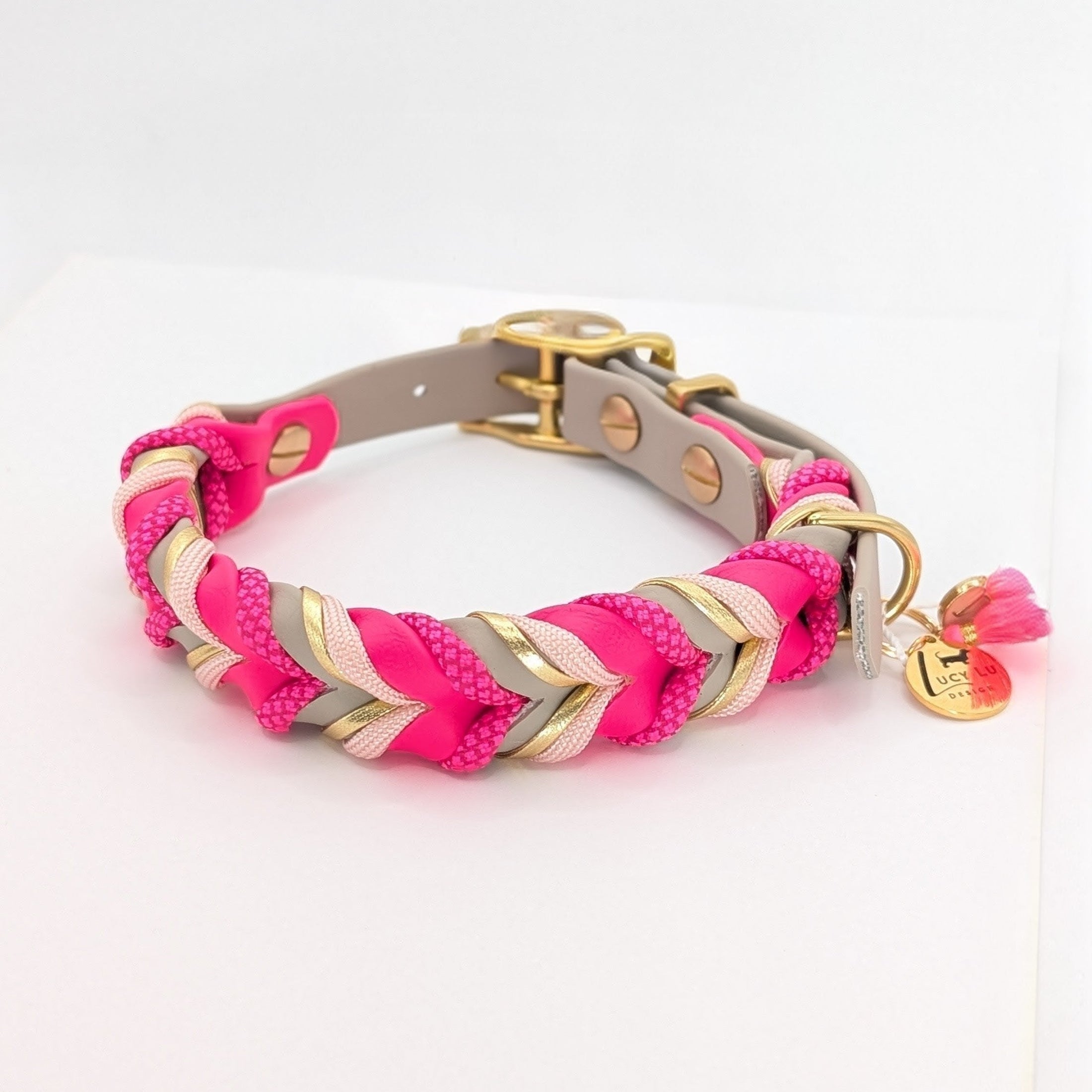 BioThane Halsband Mila – Taupe & Pink Diamonds, wasserfest & robust