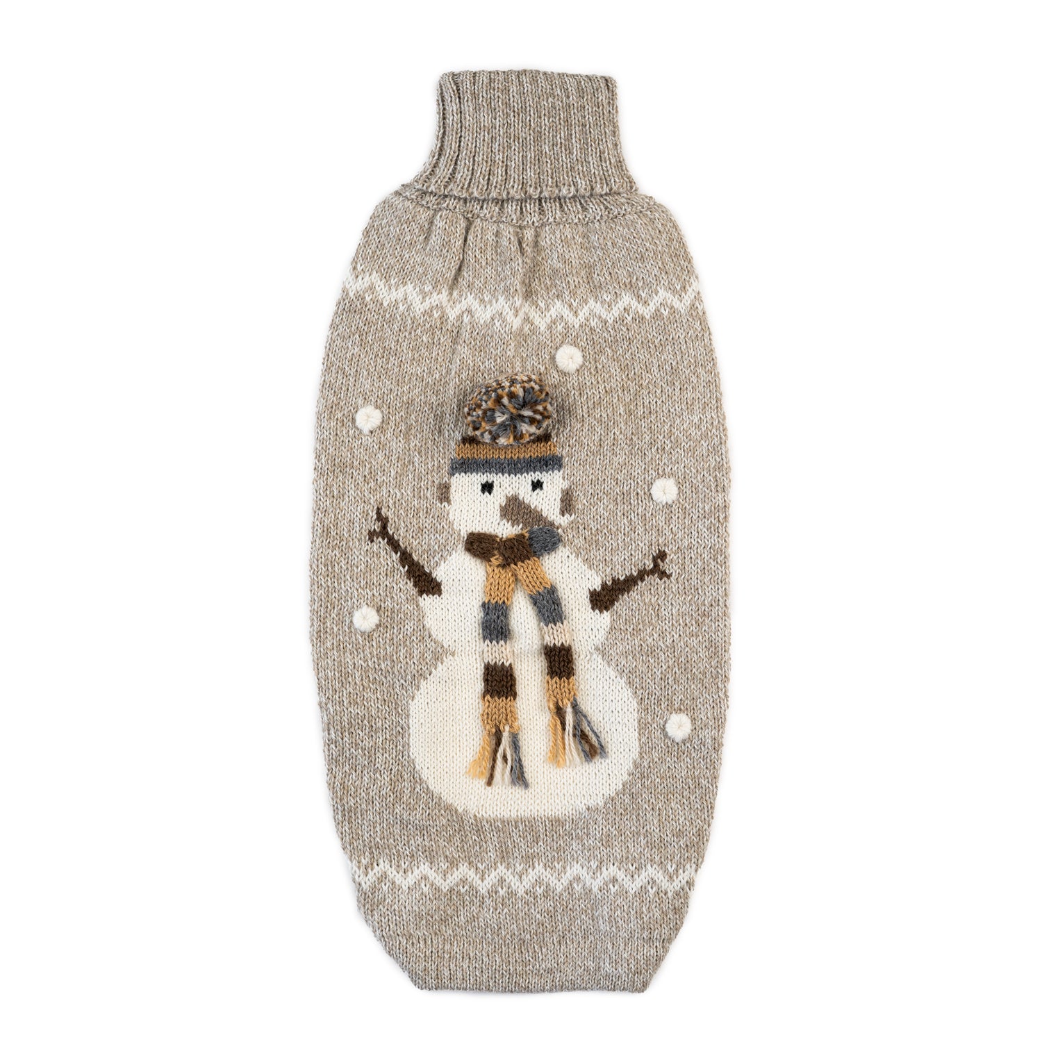 Hundepullover Snowman Taupe aus Alpakawolle – handgefertigt in Taupe mit Schneemann-Motiv
